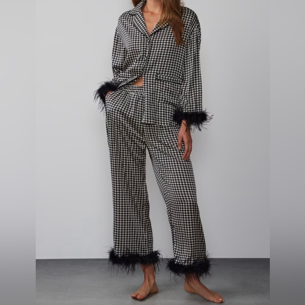 LENA Boutique Brand Houndstooth Feather Pajama Set